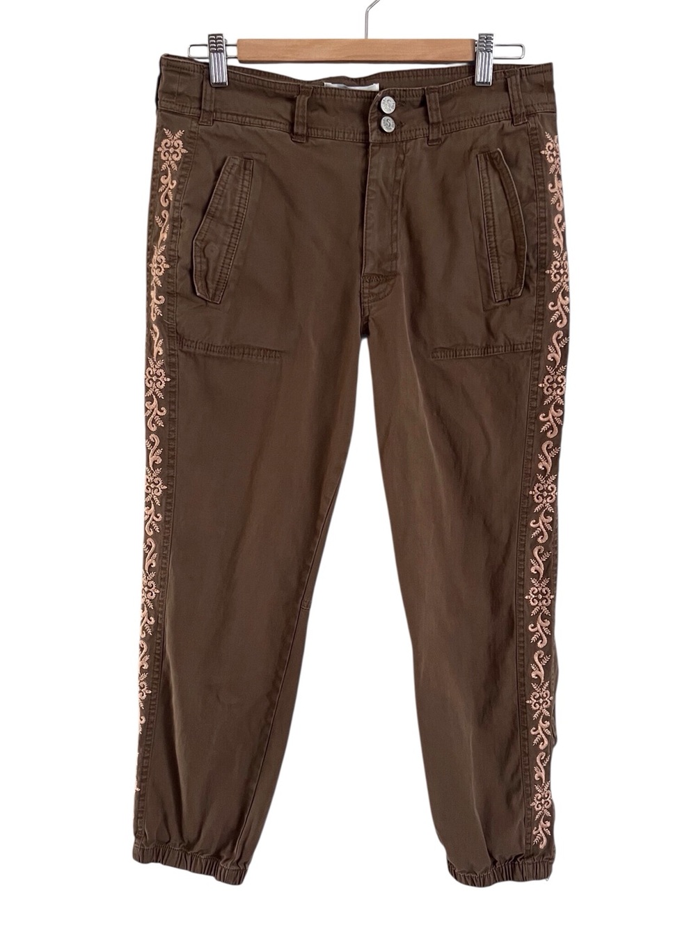 Sundance Women’s Melbourne Embroidered Jogger Pants Chino Brown Utility Size 10